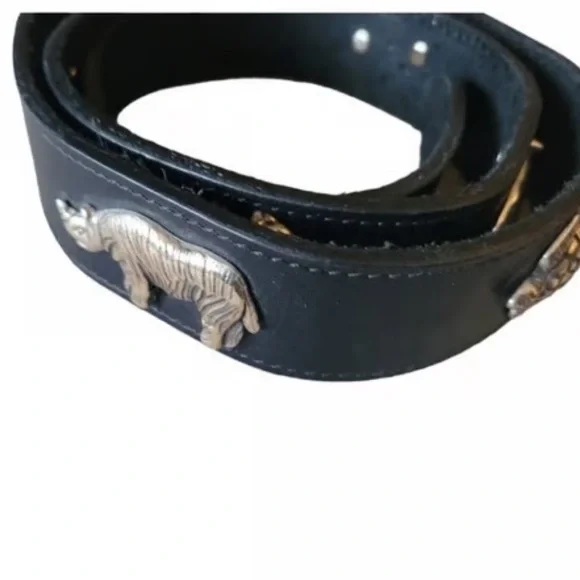 Vtg 1992 Brighton Honest Black Leather Safari Animal Belt 34 Rare 60403 Vtg 1992 Brighton Honest Black Leather Safari Animal Belt 34  main image 2